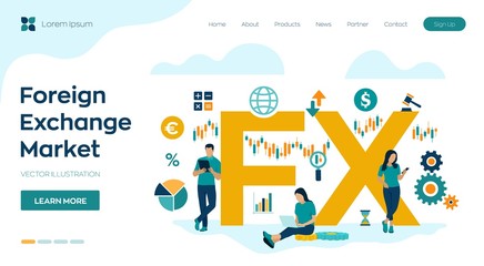 FX. Foreign Exchange Market. Global financial market. Stock Exchange. Forex Banking. Financial management and financial data analysis. Business team. Vector illustration with icons and characters. - obrazy, fototapety, plakaty