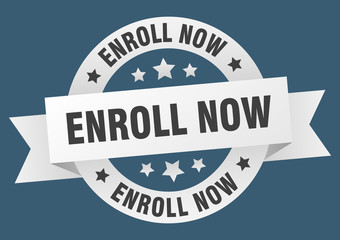 enroll now ribbon. enroll now round white sign. enroll now