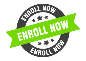 enroll now sign. enroll now black-green round ribbon sticker