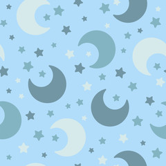 Holiday background, seamless vector pattern with stars and the moons. Can be used as decoration for the gift boxes, fabric, textile, wallpapers, backgrounds, web sites.