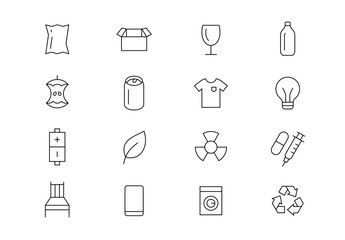 Waste sorting thin line vector icons. Editable stroke