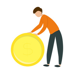 Happy man holding a big golden dollar coin