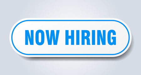 now hiring sign. now hiring rounded blue sticker. now hiring