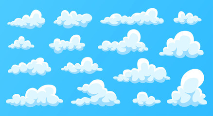 Wolken-Set isoliert auf blauem Hintergrund. Einfaches süßes Cartoon-Design. Moderne Symbol- oder Logosammlung. Realistische Elemente. Flache Artvektorillustration.