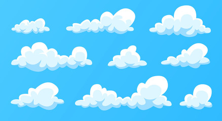 Clouds set isolated on a blue background. Simple cute cartoon design. Modern icon or logo collection. Realistic elements. Flat style vector illustration.