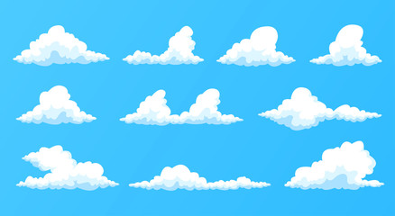 Wolken set geïsoleerd op een blauwe achtergrond. Eenvoudig schattig cartoonontwerp. Moderne icoon of logo collectie. Realistische elementen. Vlakke stijl vectorillustratie.