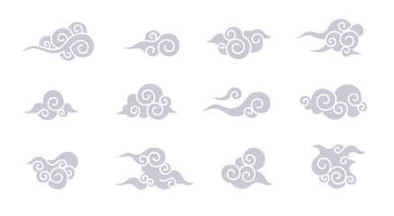 Chinese clouds set isolated on a white background. Simple cute cartoon design. Modern icon or logo collection. Realistic elements. Flat style vector illustration.