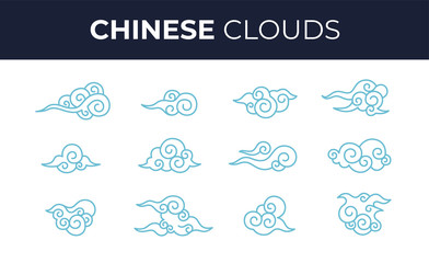 Chinese clouds set isolated on a white background. Simple cute cartoon design. Modern icon or logo collection. Realistic elements. Flat style vector illustration.
