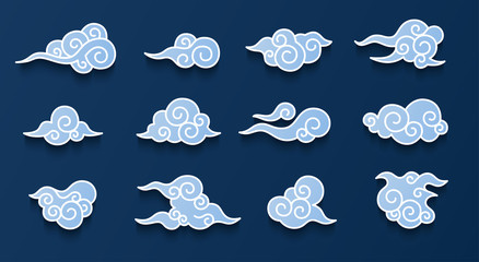 Chinese clouds set isolated on a blue background. Simple cute cartoon design. Modern icon or logo collection. Realistic elements. Flat style vector illustration.