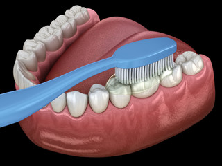 Toothbrush cleaning teeth. Medically accurate 3D illustration of oral hygiene.