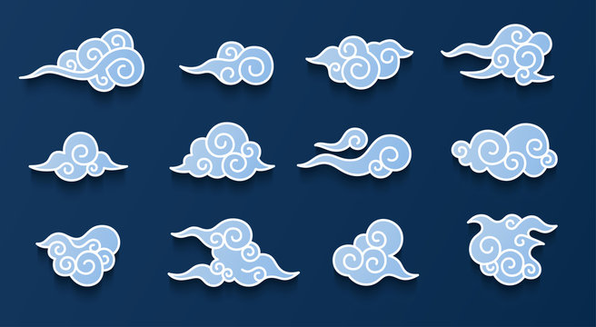 Chinese clouds set isolated on a blue background. Simple cute cartoon design. Modern icon or logo collection. Realistic elements. Flat style vector illustration.