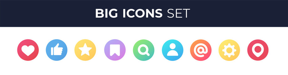 Social media icons set isolated. Heart, like, star, profile, search, mail, music, favorites. Circle form. Signs and symbols. Modern simple style. Bright gradient. Flat style vector illustration.