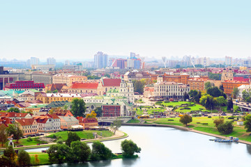 Fototapeta na wymiar Panoramic aerial view, cityscape of Minsk, Belarus. Downtown, skyline