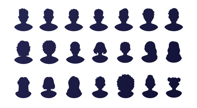 People silhouette avatars set isolated on a white background. Profile picture icons. Male and female faces. Cute cartoon modern simple design. Beautiful template. Flat style vector illustration.