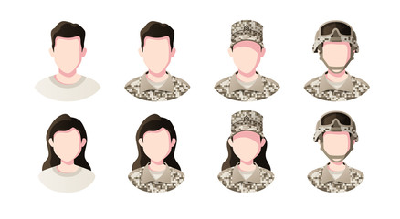 Profession, occupation people avatars set. Soldier. Profile picture icons. Male and female faces. Cute cartoon modern simple design. Flat style vector illustration.