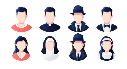 Profession, occupation people avatars set isolated. Priest, nun, detective, maid. Profile picture icons. Male and female faces. Cute cartoon modern simple design. Flat style vector illustration.