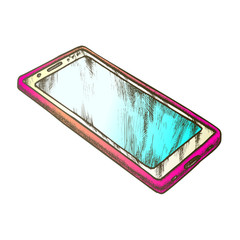 Smartphone Electronic Technology Retro Vector. Telecommunication Communicate Smartphone. Mobile Phone Engraving Concept Layout Hand Drawn In Vintage Style Color Illustration