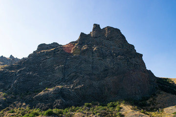 Kara-Dag mountains, view of the rocks from the sea, Crimea, Russia.