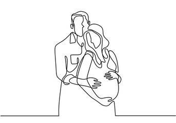 One line drawing of Happy pregnant woman and her husband. Couple family. Vector illustration simplicity design.