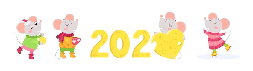 New Year 2020 flat vector characters set. 4 little mice winter characters. Chinese calendar zodiac sign. .