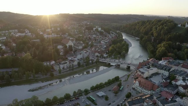 Aerial Flight Bad T&ouml;lz Bavaria Germany. Sunset Drone Shot. Isar River and the old town in the back