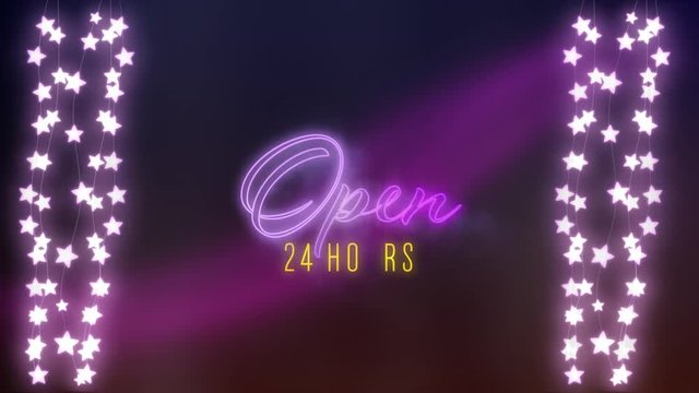 Open 24 hours sign in purple and yellow neon with fairy lights