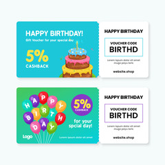Birthday gift voucher card template design. 5% cashback coupon code promotion with birthday cake artwork and balloons background vector illustration.