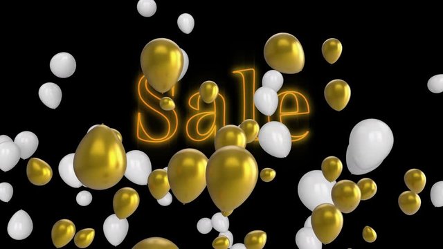 SaleÂ neonÂ with balloons on black background