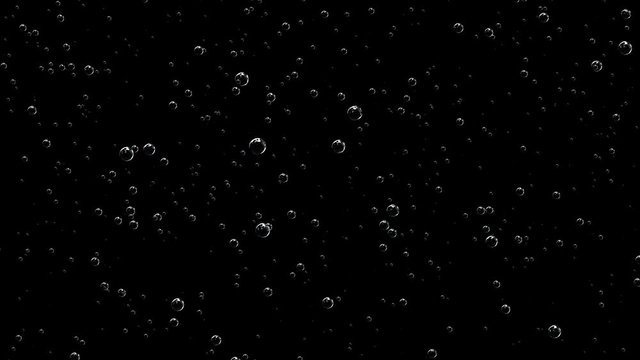 Bubbles of different sizes from small to large. Dark background with transparent bubbles moving up.