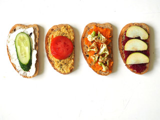 Sandwiches with vegetables and fruits. Vegan. Healthy diet. Copy space.