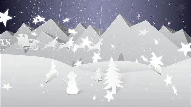 Merry Christmas text, Santa sleigh and cut out winter landscape in white 