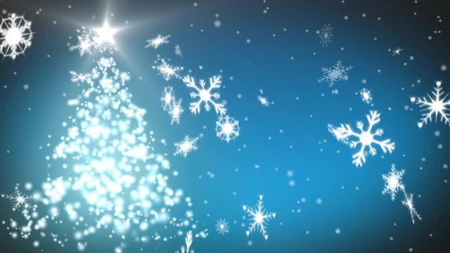 Snowflakes and Christmas tree on blue background