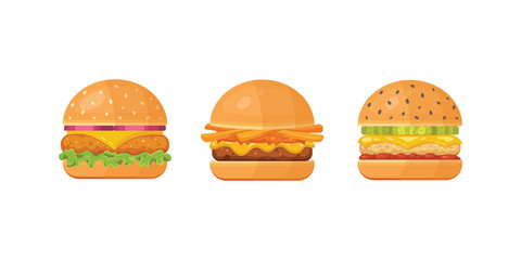 Set of classic burgers with flying ingredients. Vector hamburger icons.