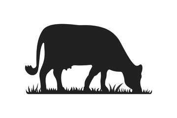 Cow silhouettes on grass. Cow grazing on meadow vector cartoon illustration.