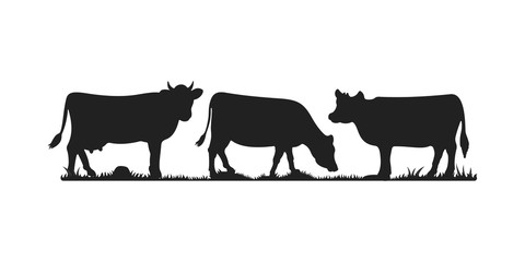 Cows in different poses vector set. Silhouettes of grass. Cow grazing on meadow.