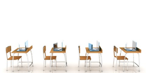 E-learning online education concept school desks
