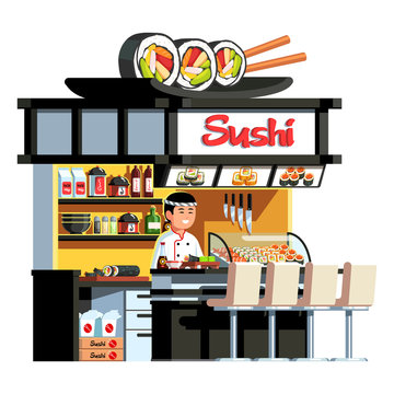 Japanese express sushi restaurant, Asian chef cook