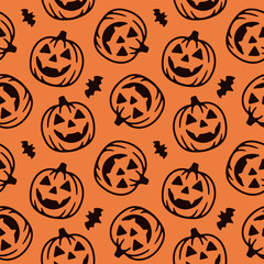 HAPPY PUMPKINS AND BATS SEAMLESS PATTERN ORANGE BACKGROUND