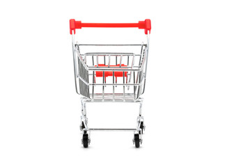 Front view of empty grocery toy shopping cart with red handle isolated on white background,...