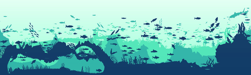 Silhouette of fish and algae on the background of reefs. Underwater ocean scene. Deep blue water, coral reef and underwater plants. a beautiful underwater scene; a vector seascape with reef. - obrazy, fototapety, plakaty