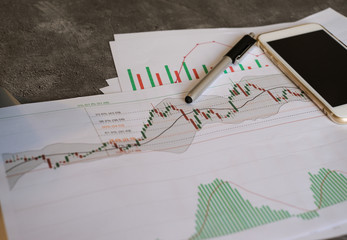 stock graph chart analysis by fibonaci indicator in white paper, stock markets analysis by technical chart indicator concept