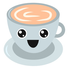 Coffee emoji cup with eyes. Kawaii cup. Element for menu. Emoji icon. Vector illustaration of hot tea and coffee.