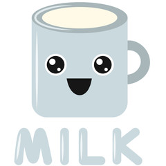 Milk emoji cup with eyes. Kawaii cup. Hot chocolate. Element for menu. Emoji icon. Vector illustaration of hot tea and coffee.