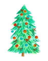 Christmas pine tree decorated. Hand drawn watercolor painting isolated on white background.