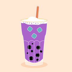 Bubble tea with tapioca with ice. Milk smoothie. Cocktail with a straw. Vector editable illustration