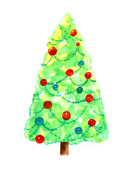 Christmas pine tree decorated single. Hand drawn watercolor painting isolated on white background.