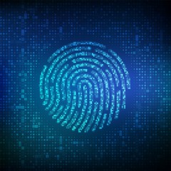 Fingerprint made with binary code. Biometrics identification and approval. Password control through fingerprints. Futuristic biometric and cyber security concept on the digital surface. Vector. EPS10.