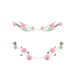  Watercolor set with pink and orange roses, leaves and twigs. Wreaths, frames and bouquets of roses, twigs. Ideal for invitations and greeting cards.