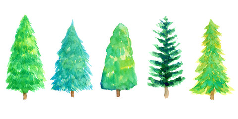 Christmas pine tree set Hand drawn watercolor painting isolated on white background.
