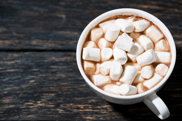 Fototapeta na wymiar cup of cocoa with sweet marshmallows on a wooden table, top view closeup